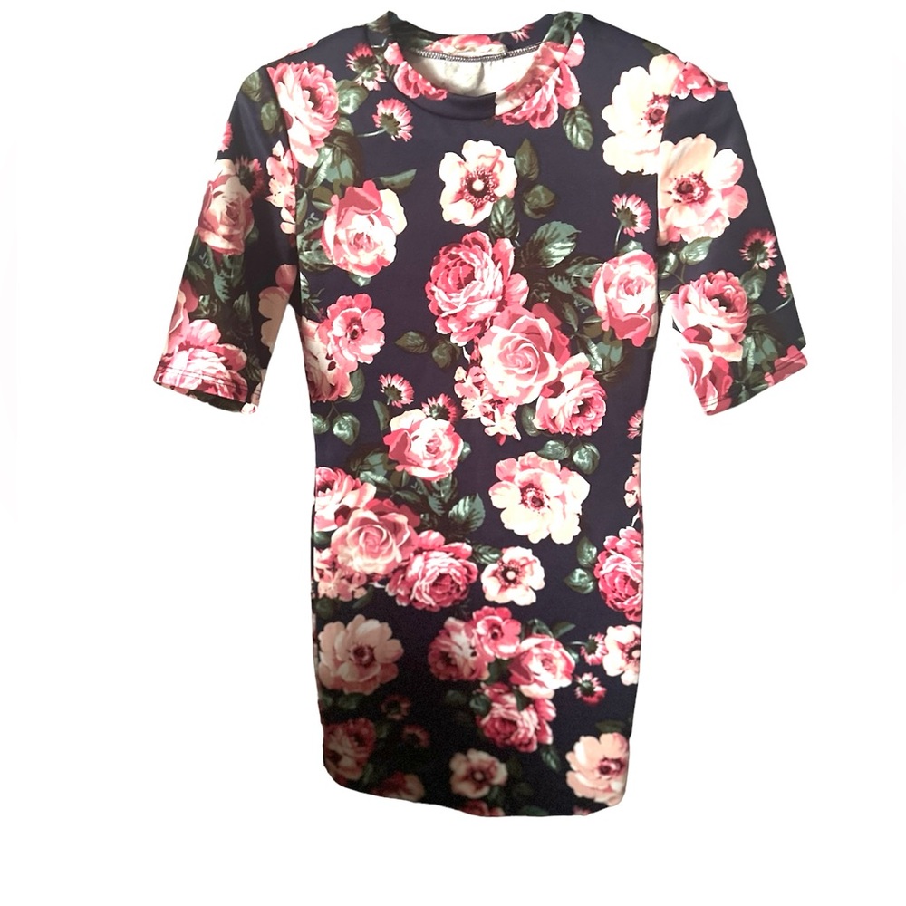 Floral Bodycon Dress Navy Pink Roses Half Sleeve Fitted Sheath Dress - Picture 8 of 9